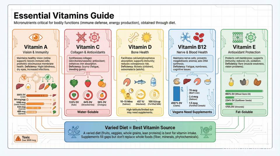 Essential Vitamins: Functions, Deficiencies, and Food Sources ...